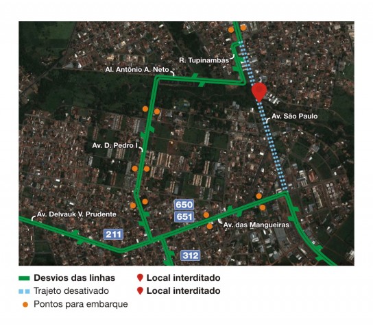 Pontos de parada próximos ao desvio da Av. São Paulo